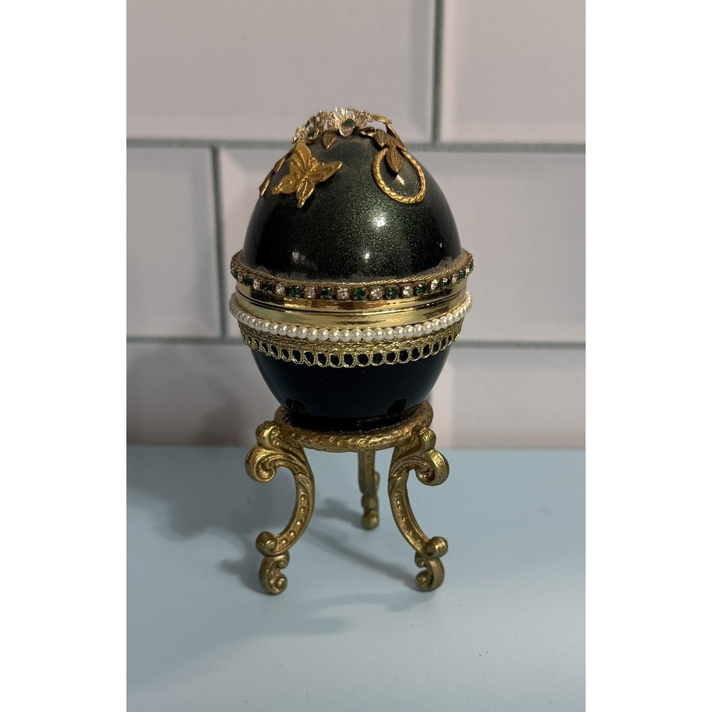 Mini green Enamel Hinged Egg with Stand gem stones Embellishments